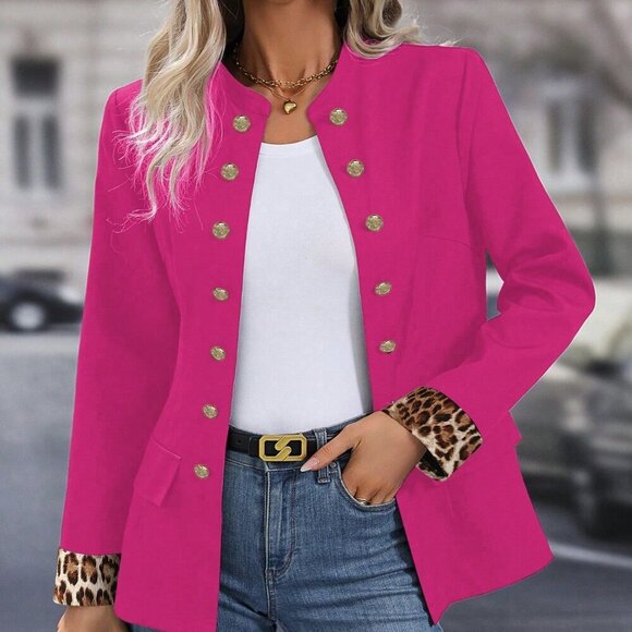 Hot Pink Casual Women's Double Breasted Cinching Waist Blazer - Picture 3 of 5